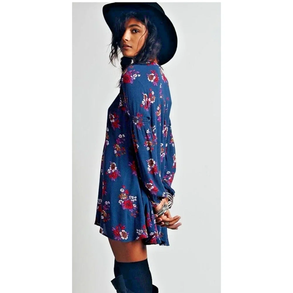 Free People Dress Women's Small Retro Floral Teal Swing Tunic Cottage Western